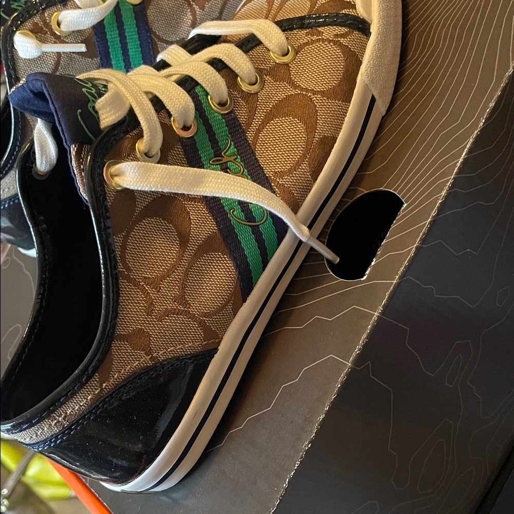 Coach Women’s Brown Signature Canvas Sneakers with Green Stripe - Picture 3 of 8
